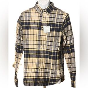 Eddie Bauer Men's Plaid Flannel Button Down Shirt - Gold Tan and Navy